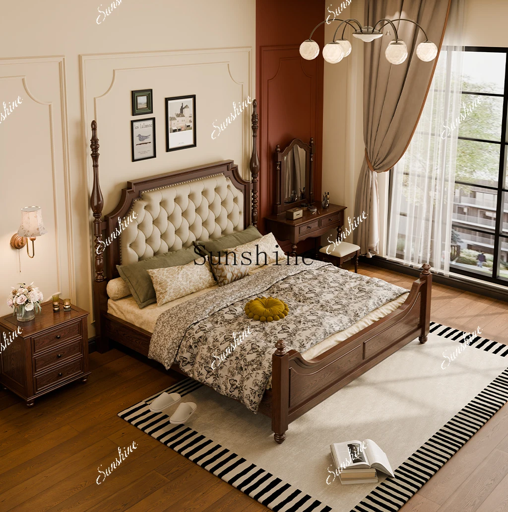 

American solid wood double master bedroom high-end atmosphere retro soft bag bed FT