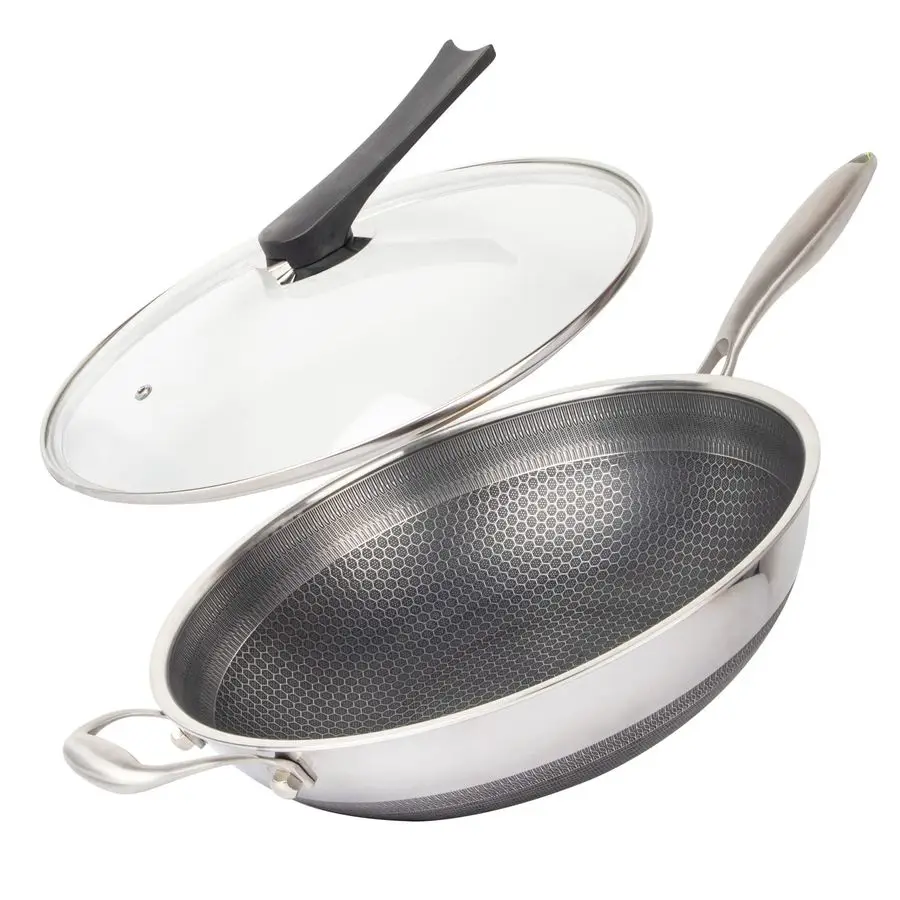 

Honeycomb Non Stick Wok Pan Stainless Steel Stirfry Wok with Lid,Skillet with Staycool Handle PFOA Free Suitable for Induction,