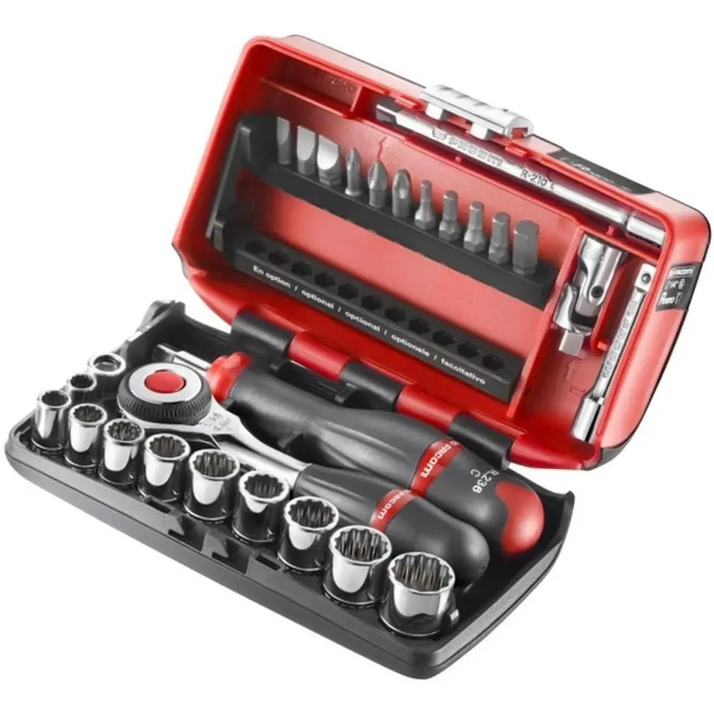

10 Piece 1/4 Drive 12-Point Socket Set with Ratchet, Extensions, Bits, and Holders