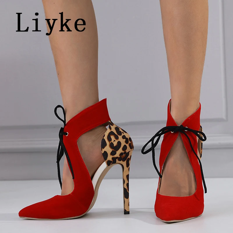 Liyke 2024 New Sexy Red Pointed Toe Lace Up High Heels Women Slingback Sandals Summer Party Prom Shoes Leopard Print Pumps Mule