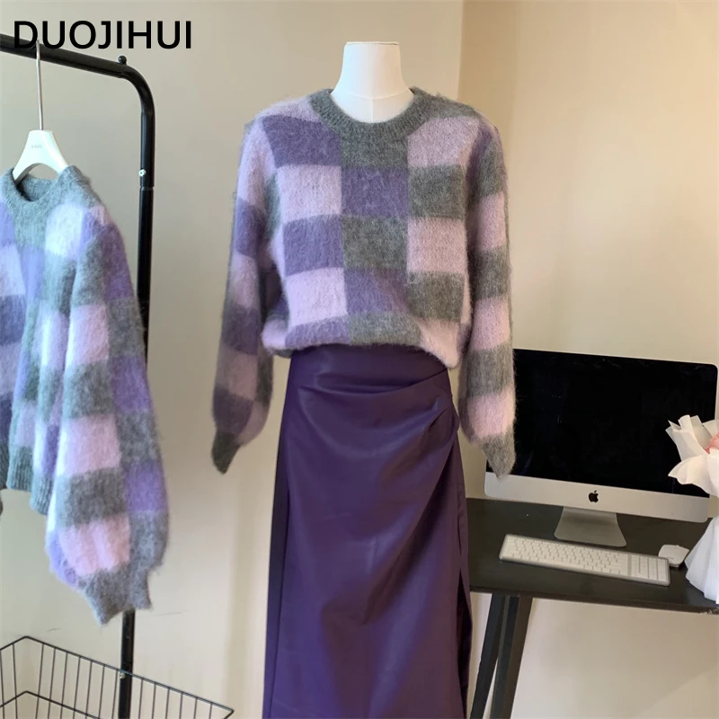 DUOJIHUI Two Piece Winter Loose Simple Casual Female Pullovers New Pure Color Chic PU Skirt Basic O-neck Fashion Women Pullovers