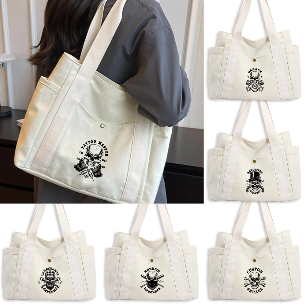 

Canvas Bag Skull Series Large Capacity Shopping Bags Stylish Single Shoulder Canvas Bag Commuting Daily Grocery Shopping Bag