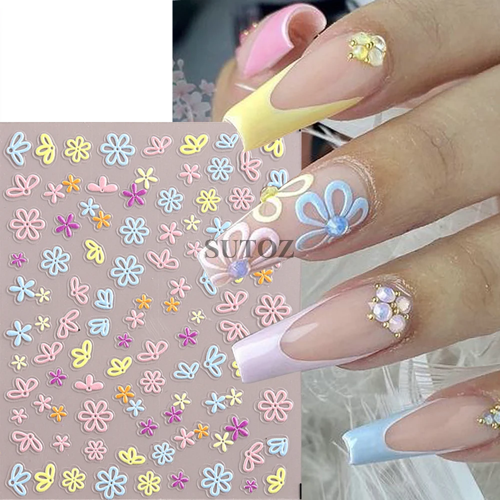 5D Colorful Flowers Nails Stickers Trendy Hollow Florals Nail Art Sliders Small Daisy Embossed Decals Manicure Decor GLSG-002