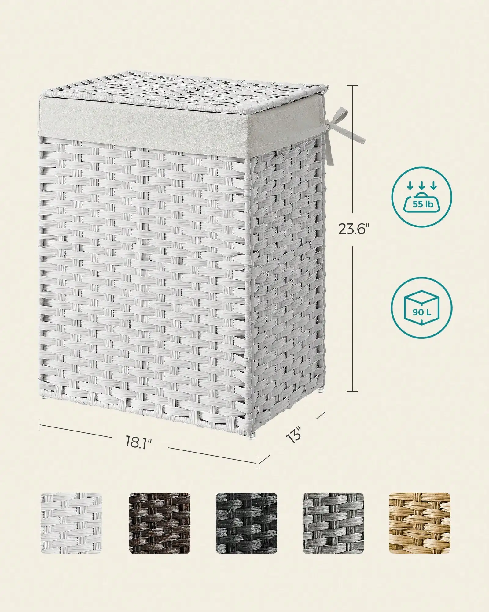 90L Handwoven Laundry Hamper Modern Light Grey Synthetic Rattan Wicker Dirty Clothes Basket Storage Organizer Unit With Lid Handles Removable Washable Liner Bag Foldable For Laundry Room Bedroom Bathroom Housewarming Gift