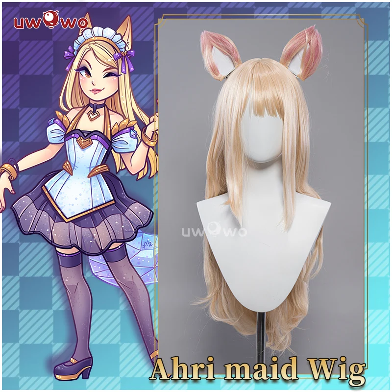 

UWOWO League of Legends/LOL Fanart KDA Ahri Maid Cosplay Wig Long Gold Hair WIth Ears