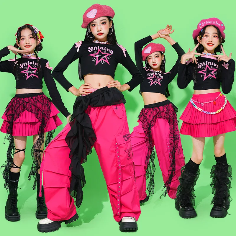 Girls Cheerleading Dance Clothes Summer Jazz Costume Black Star Tops Pink Skirt Cargo Pants Kids Hip Hop Stage Performance Suit