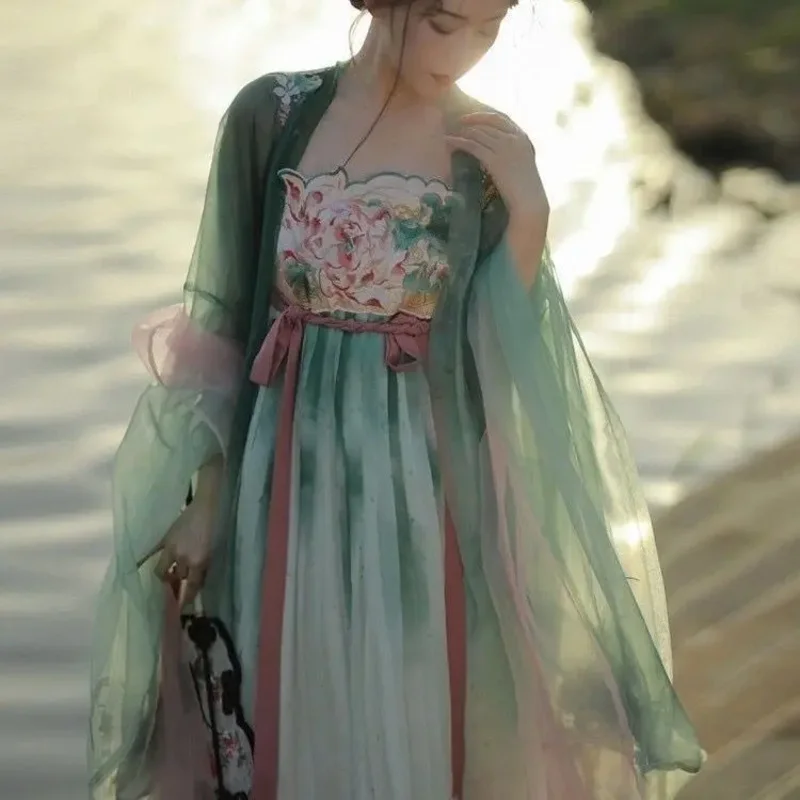 الجديد الأصلي Hanfu الإناث التطريز قميص كبير الأكمام تانغ نمط الصدر تنورة أنيقة الجنية الرجعية Hanfu البدلة