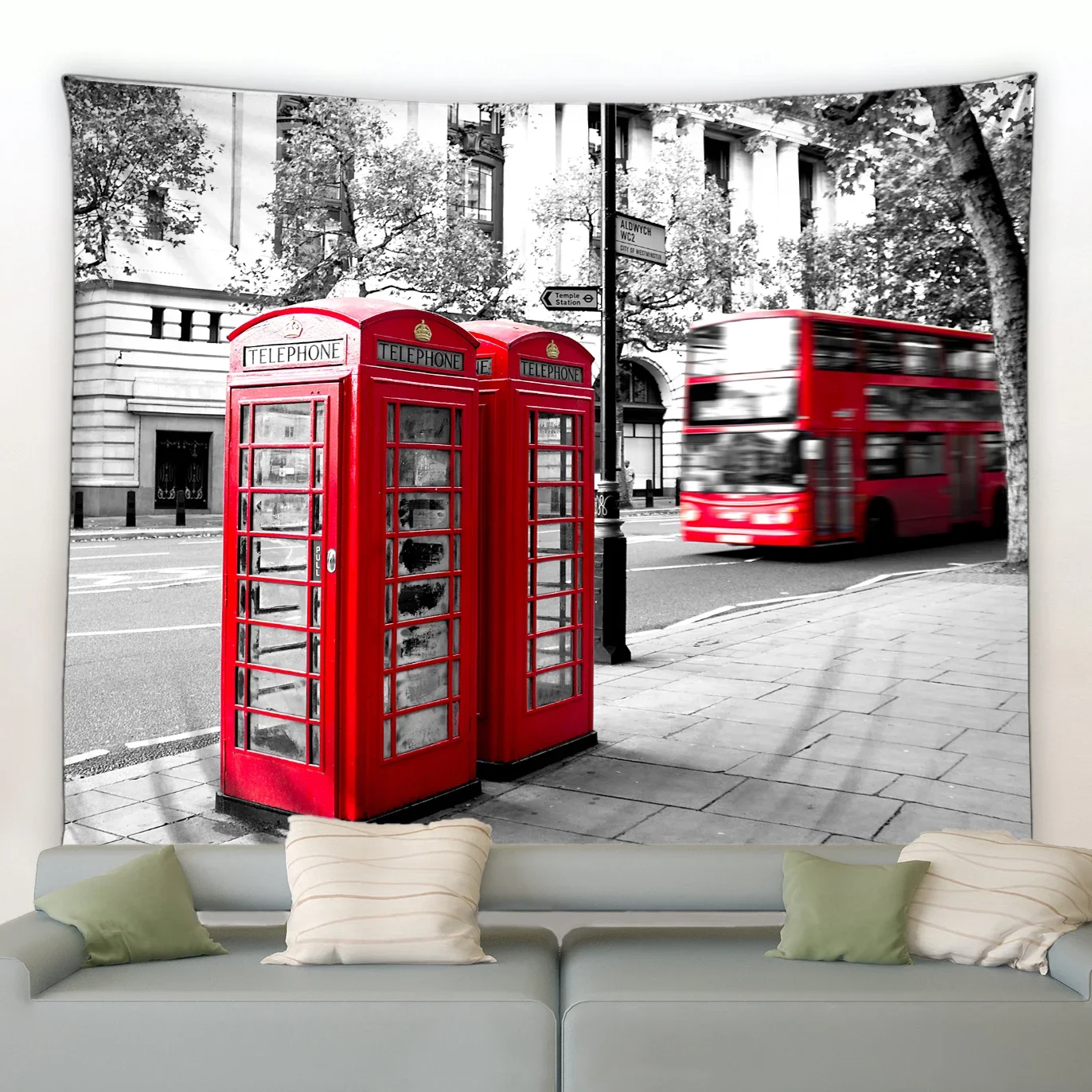 London Red Telephone Booth Tapestry City Building Big Ben Bus Retro Tapestries Modern Home Living Room Dorm Wall Hanging Decor