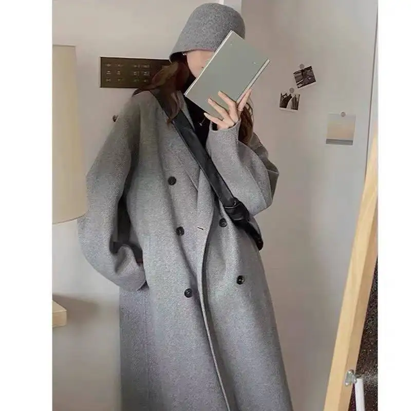 Französischer Hepburn-Stil, eleganter grauer Wollmantel für Damen, Herbst und Winter, verdickter Mantel, koreanischer neuer Trend, 2000er-Jahre-Vintage-Jacken