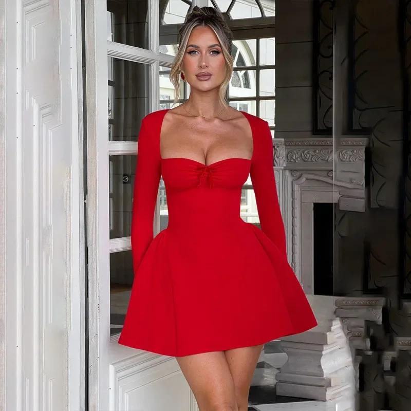 Robe trapèze sexy à encolure carrée pour femme, robe de soirée élégante, sans bretelles, batterie mince, mini, robe éducative, été, 2024