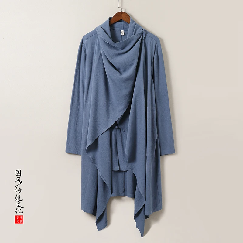 

2025 Autumn Men Baggy Handsome Cool Trench Chinese Style Cloak Shirts Casual Fashion Irregular Linen Mens Cape Long Windbreakers