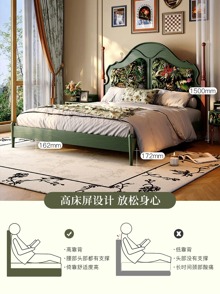 French antique solid wood bed green premium French retro soft bag backrest 1.8 meters double bed