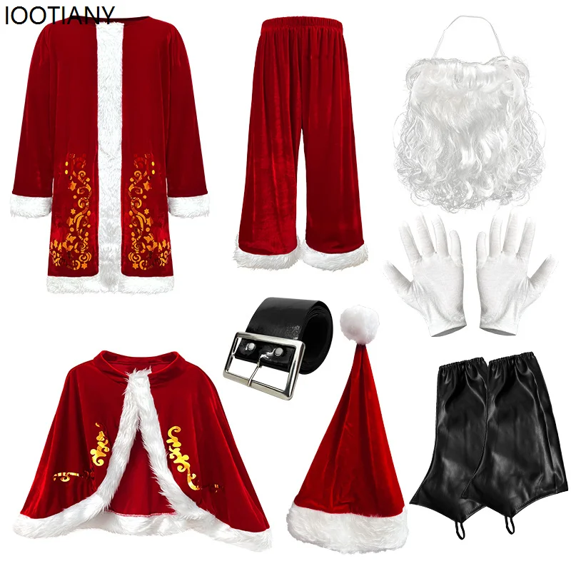 أزياء كوسبلاي للجنسين سانتا كلوز التأثيرية أزياء أداء عيد الميلاد ملتحية رجل عجوز مرحلة تظهر فستان مخملي ذهبي