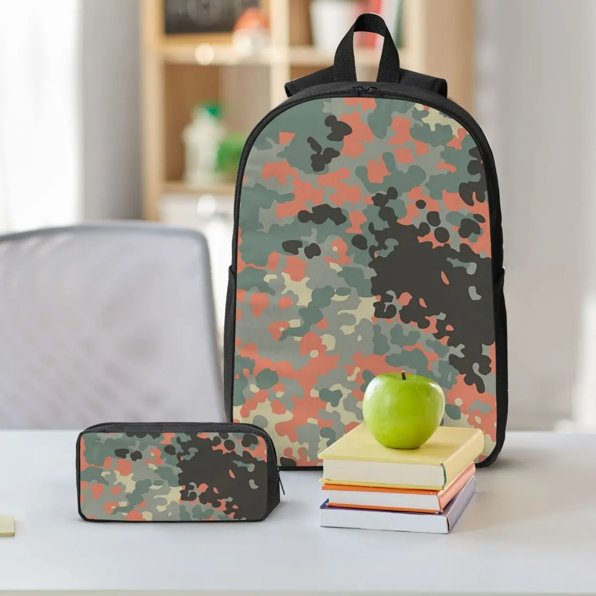German WW2 Camouflage Army Military Camo Backpack Student BookBag School Bag Shoulder Bags 3ps Insulated Lunch Bag Pencil Case
