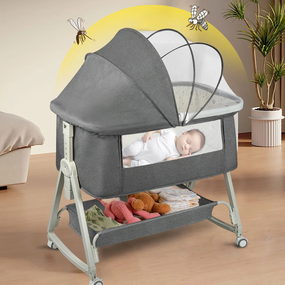 Culla indipendente, Cododo con materasso, co-sleep, neonato 25 kg. Altezza e inclinazione regolabili, 4 ruote, design traspirante, grigio/nero/cachi/blu