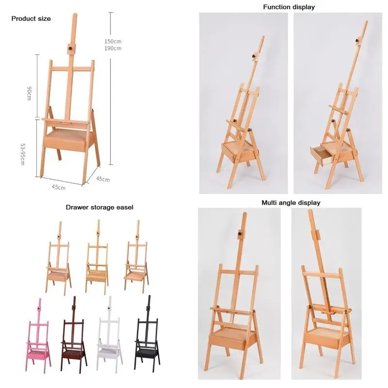 Large H-Shaped Wooden Studio Easel with Artist Storage Drawers and Shelving Sturdy Beech Wood Canvas Stand for Painting