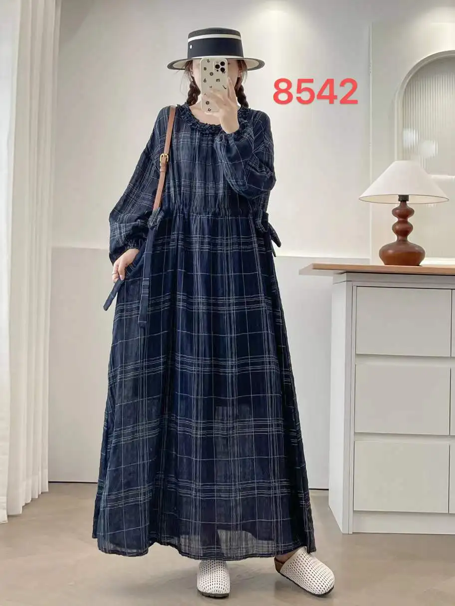 [즉시 배송] 고품질 여성용 100% 면 블라우스 셔츠 체크무늬 드레스 루즈핏 대형 사이즈 긴팔 여성용 롱 드레스