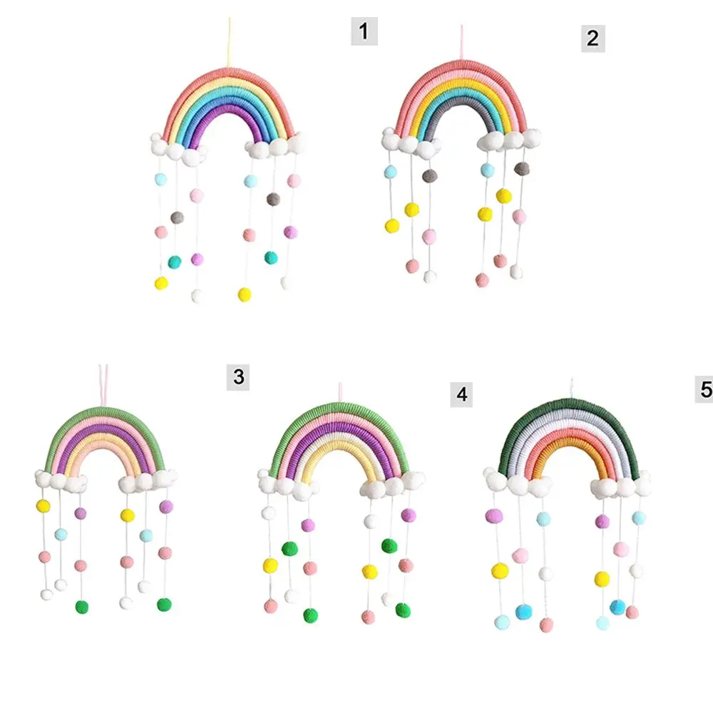 Hand-woven Five Strands Rainbow Clouds Hanging Decoration Colorful Pom Pom Felt Ball Tassel Wall/Window Hanging Decoration Craft