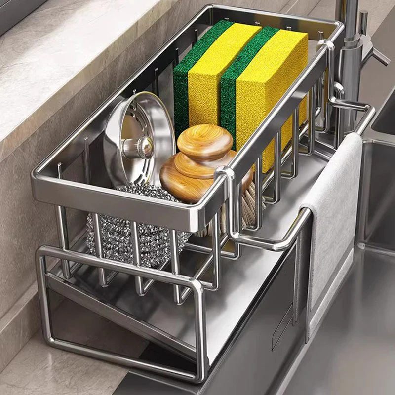 Kitchen sink draining rack, automatic drainage plastic storage rack, sink shelf, sponge and soap rack, towel rack