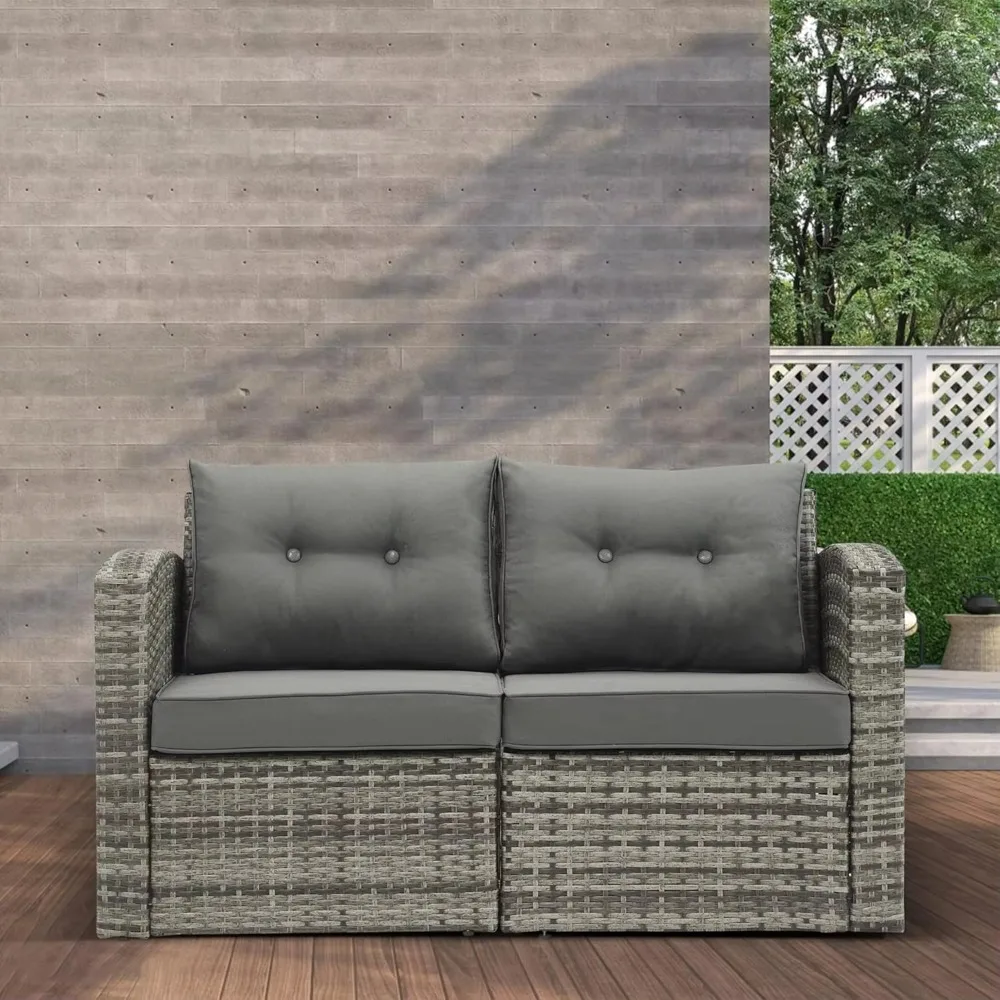 2 Piece Aluminum Frame Patio Sofa Couch with Cushions, Grey Wicker Corner Sofa Chairs for Patio Furniture