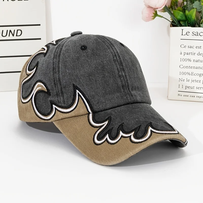 Retro Distressed Washed Baseball Cap with Flame Embroidery Adjustable Dad Hat for Both Men And Women Summer Streetwear Sun Hat
