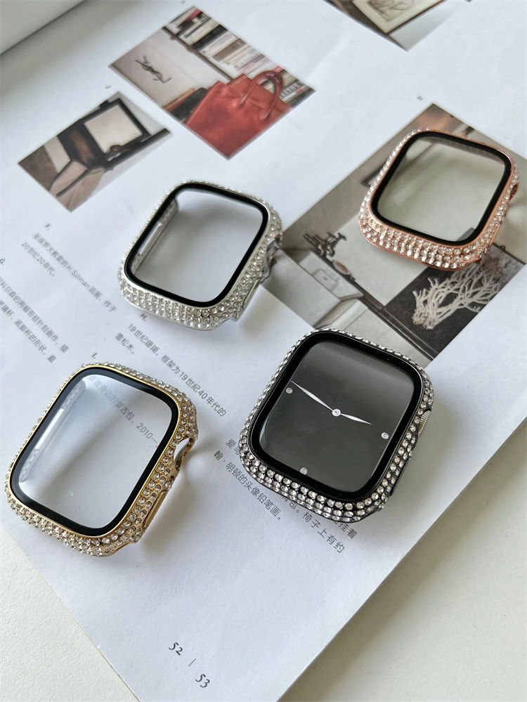 New Screen Protector Case For Apple Watch 41mm 45mm 40mm 44mm Full Diamond Cover Bumper + Glass For iWatch Series 7 6 Se 5 4 3 2