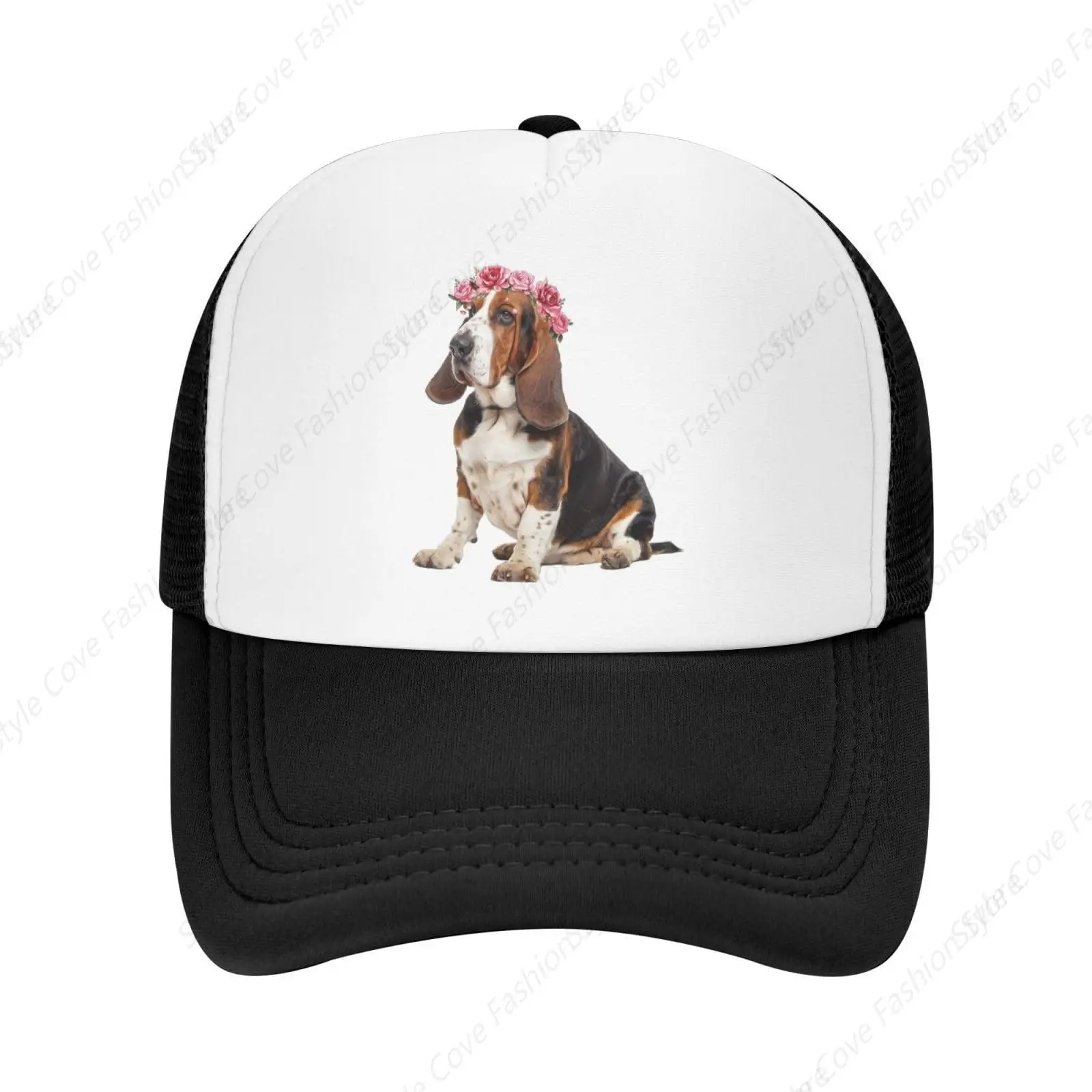 

Basset Hound Dog Wear Rose Flower Mesh Baseball Cap Adjustable Trucker Hat Men Women Baseball Cap Fashion Adult Mesh Hat