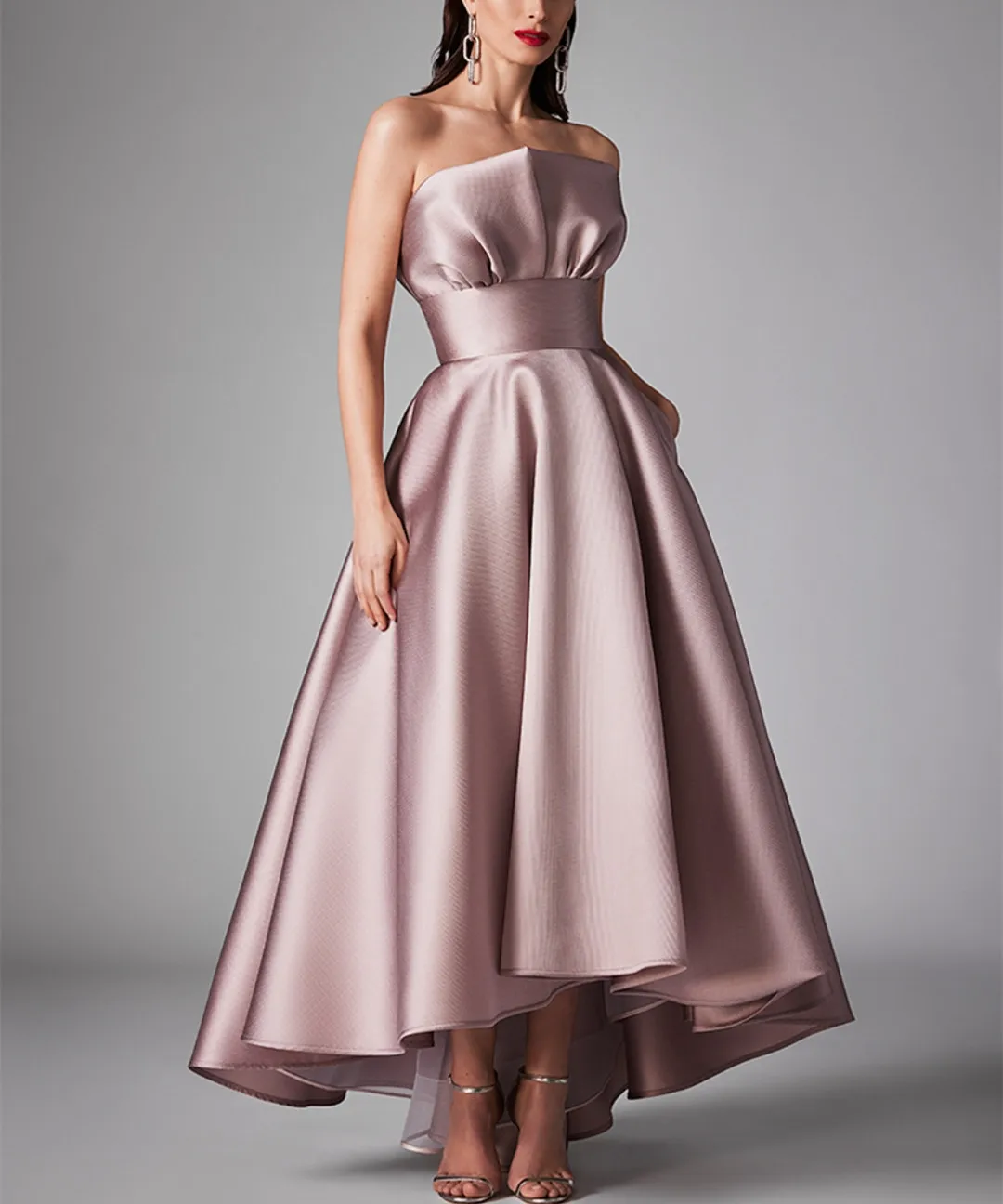 Customized Hi-Lo Pink Satin Evening Dresses With Pockets A-Line Scalloped Asymmetrical Length Wedding Guest Dress for Women