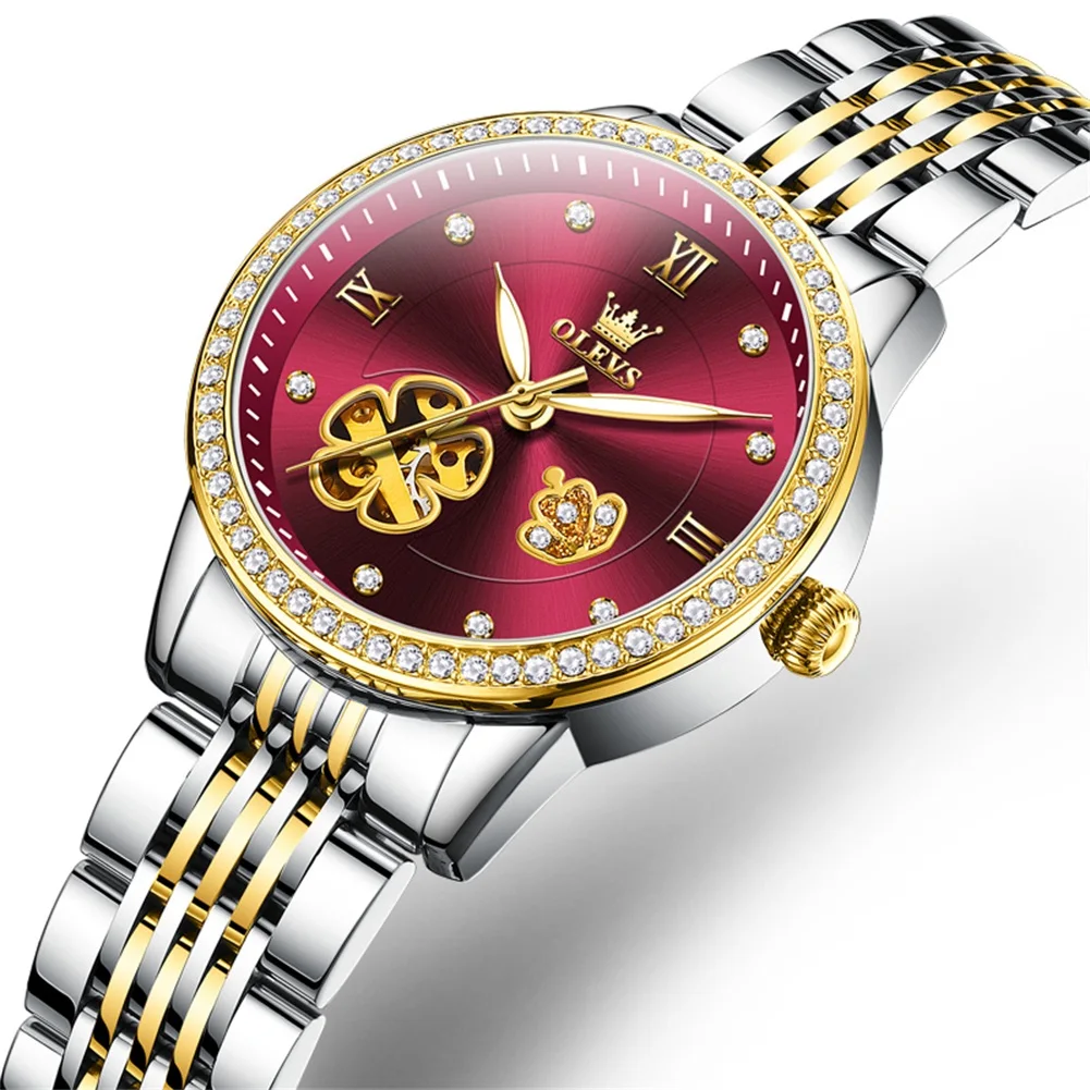 OLEVS Automatic Mechanical Women Quartz Watch Wine Red Dial Diamond Bezel Waterproof Elegant Ladies Wristwatch Reloj Mujer