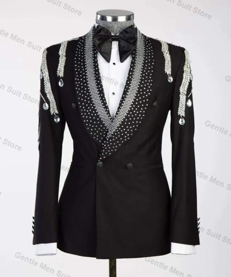 

Luxury Beaded Men Suits Set 2 Piece Blazer+Pant Black Office Prom Groom Wedding Tuxedo Coat Tailored Made Business Jacket