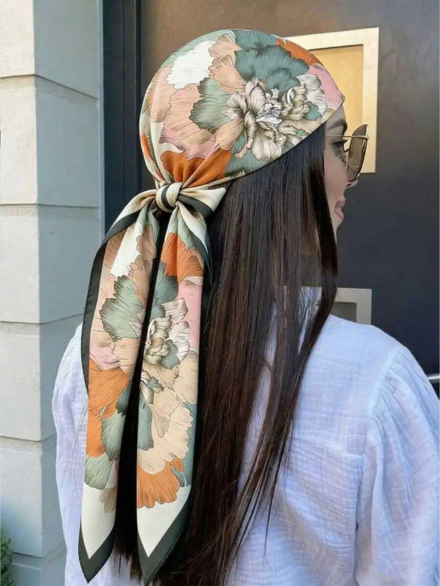 

Womens Floral Peony Print 90cm Square Scarf Versatile Shawl For Spring Autumn Beach Holiday