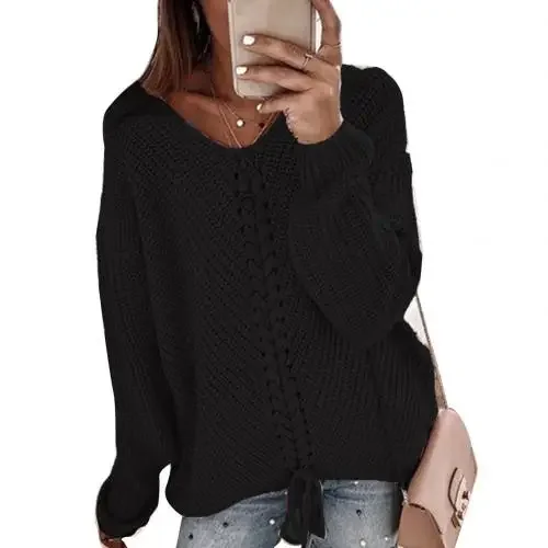 Herfst En Winter V-Hals Soild Sweater Dames Nieuwe Casual Losse Lange Mouwen Stiksels Mode Dames Kant Gebreide Trui