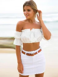 Crop tops women summer lantern sleeve sexy strapless beach tops red black white ruched crop top croptop