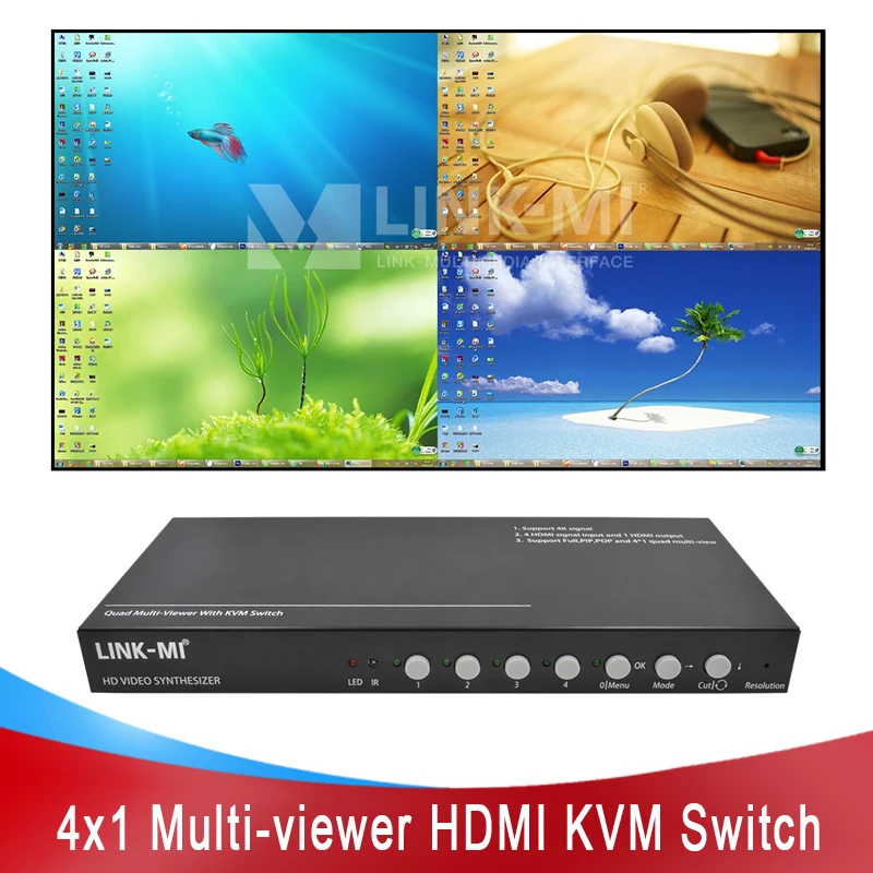 

LINK-MI 4x1 Quad HDMI Multiviewer with KVM Switch RS232 1080P Audio Fast and Seamless Switching 4 in 1 out HDMI-KVM Switch