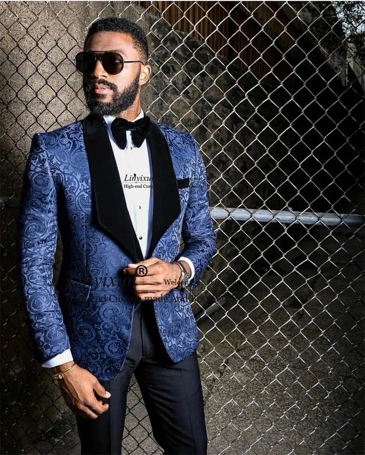 

Royal Blue Jacquard Groom Tuxedo Shawl Lapel Wedding Men Suits 2 Pieces Sets Bridegroom Prom Blazers Terno Masculinos Completo