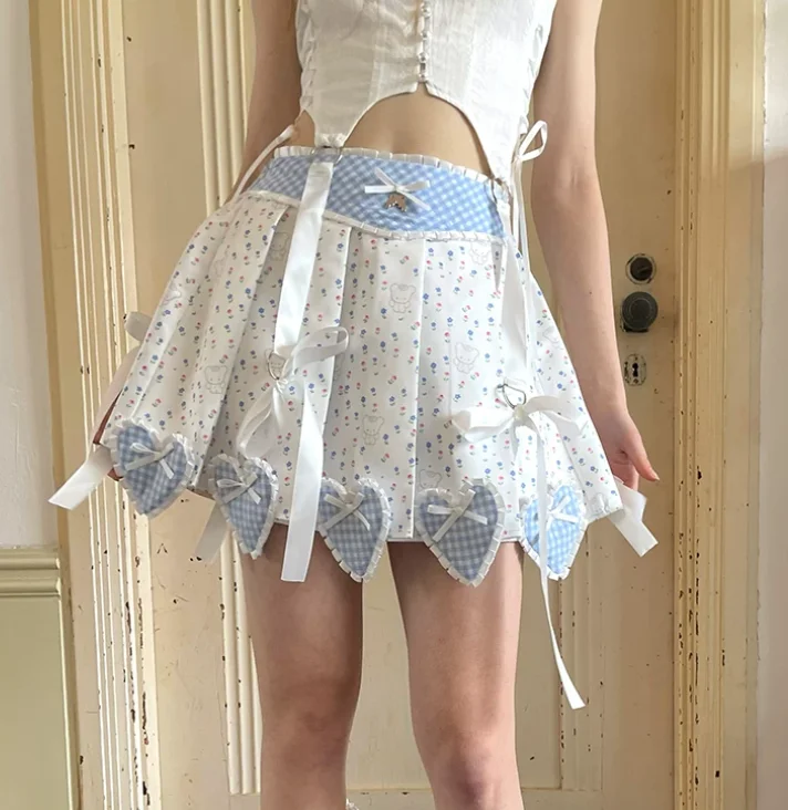 Summer New Fashion High Waist A-line Versatile Age-reducing Printed Skirt Heart Shape Splicing Cute Girl Lace Pleated Skirts
