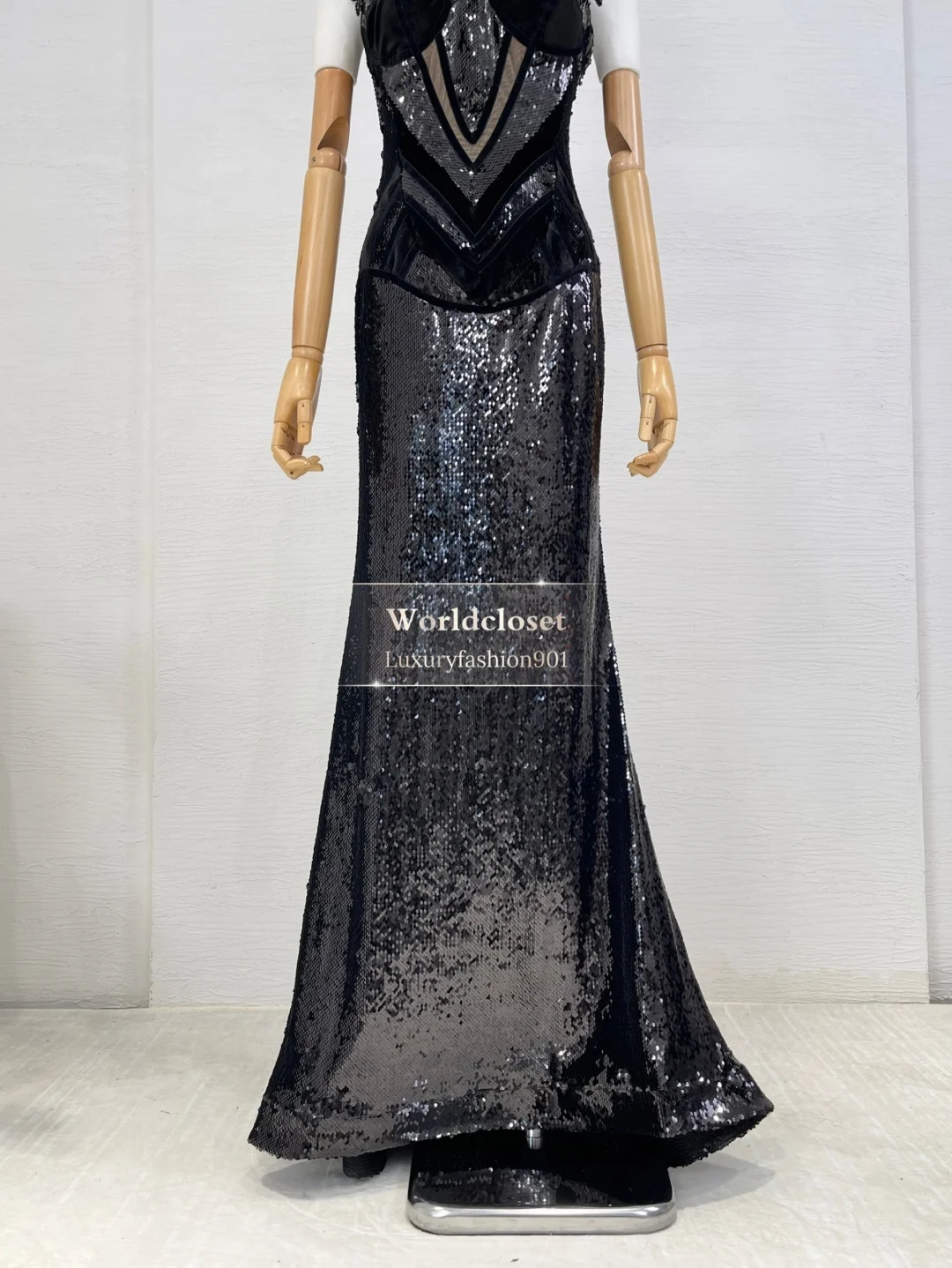 여성용 블랙 스팽글 프레스드 슬리브리스 백리스 튜브 맥시 드레스 파티용
