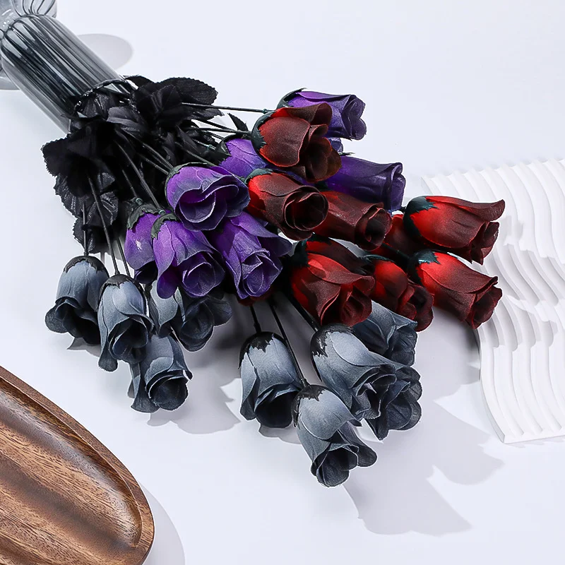 Simulation Flower Dark Color 5 Head Small Rose Halloween Party Decoration Ornament Gothic Holiday Fake Flower Party Decoration