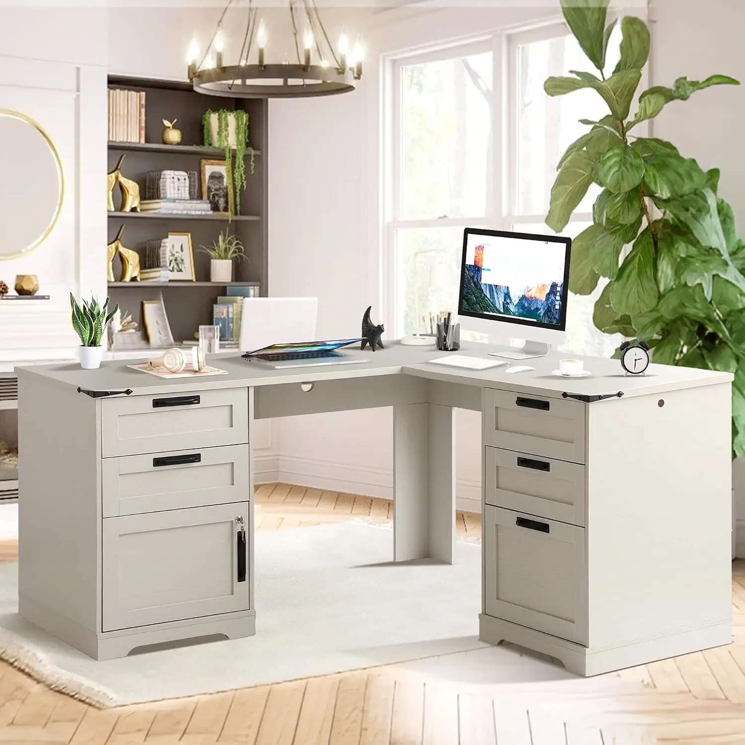 L Shaped Desk with Drawers & Charging Station, Corner Desk with Storage & Lock Cabinet, Office Computer Desk, Customized