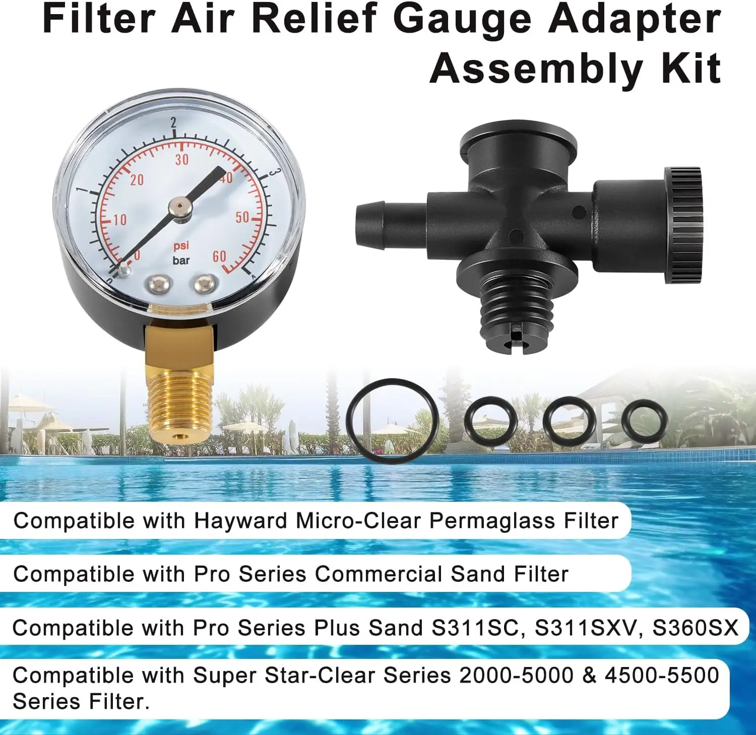 DEX2400S Filter Air Relief & Gauge Adapter Assembly+ECX270861 Pressure Gauge+DEX2400Z3A O-ring Set for Filter Relief Valve Stem