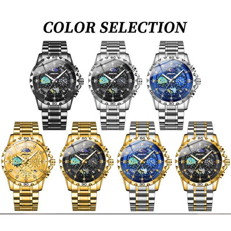 BINBOND Fashion Starry Sky Van Gogh Men Quartz Watches Date Waterproof Luminous Small Three Pin Exquisite Men\'s Business Watches