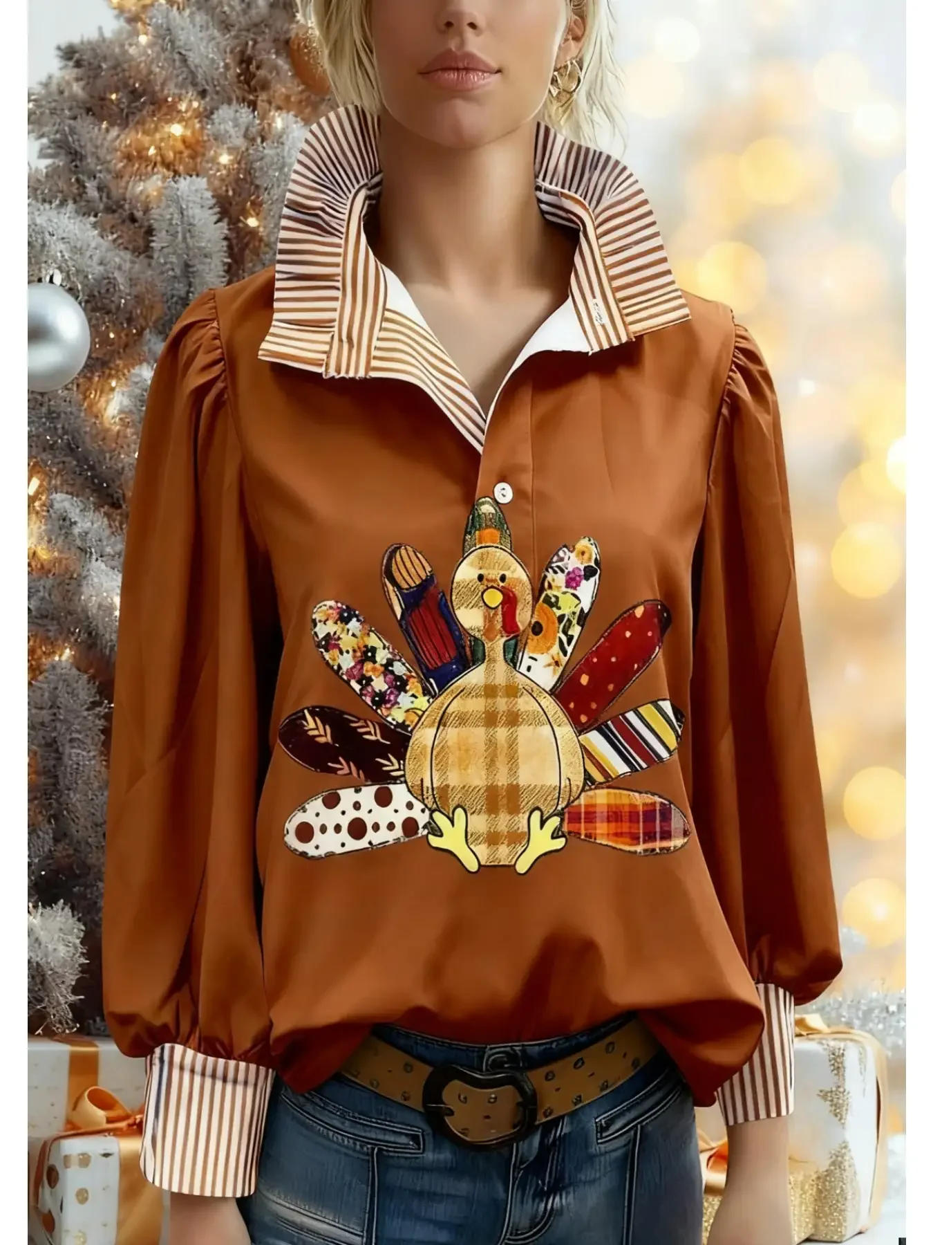 Christmas women's striped shirt with multi-color striped collar and half button shirt with Perris pattern, 