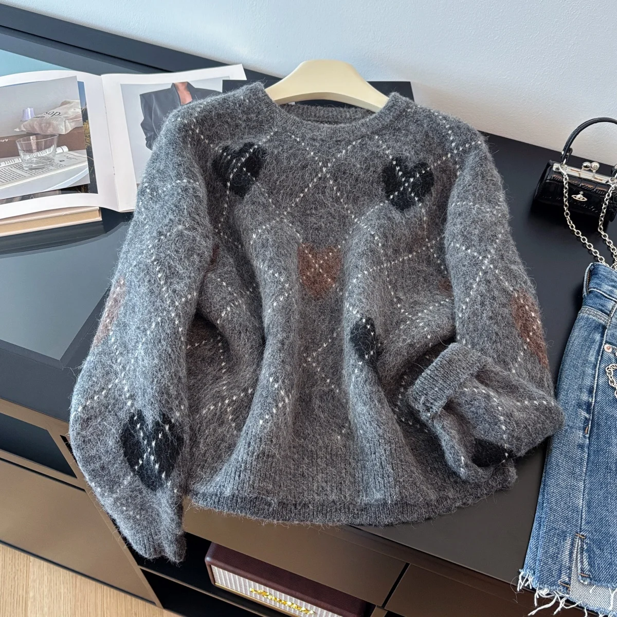 Women's Blue O-Neck Pullover Checked Sweater Outerwear Vintage Jumper Knit Long Sleeves Cashmere Sweater For Women 2000s Clothes