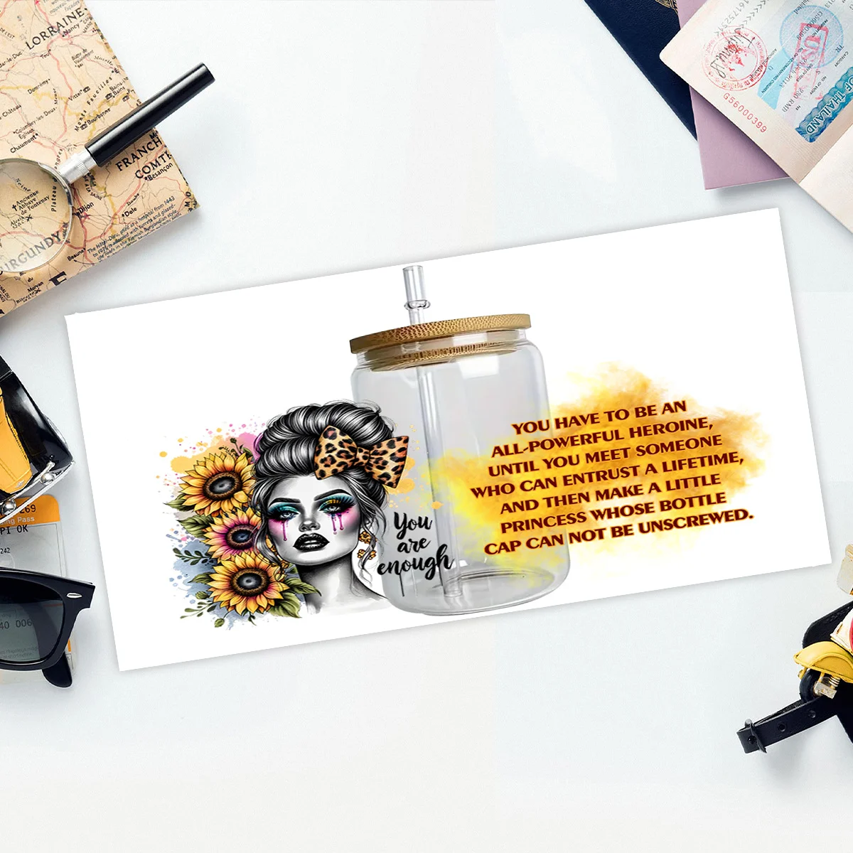 Tattooed Girl 3D Transfer Sticker Labels DIY Logo Postive Words 3D Stickers for 16oz Inked Beauty Girl DTF UV Cup Wraps