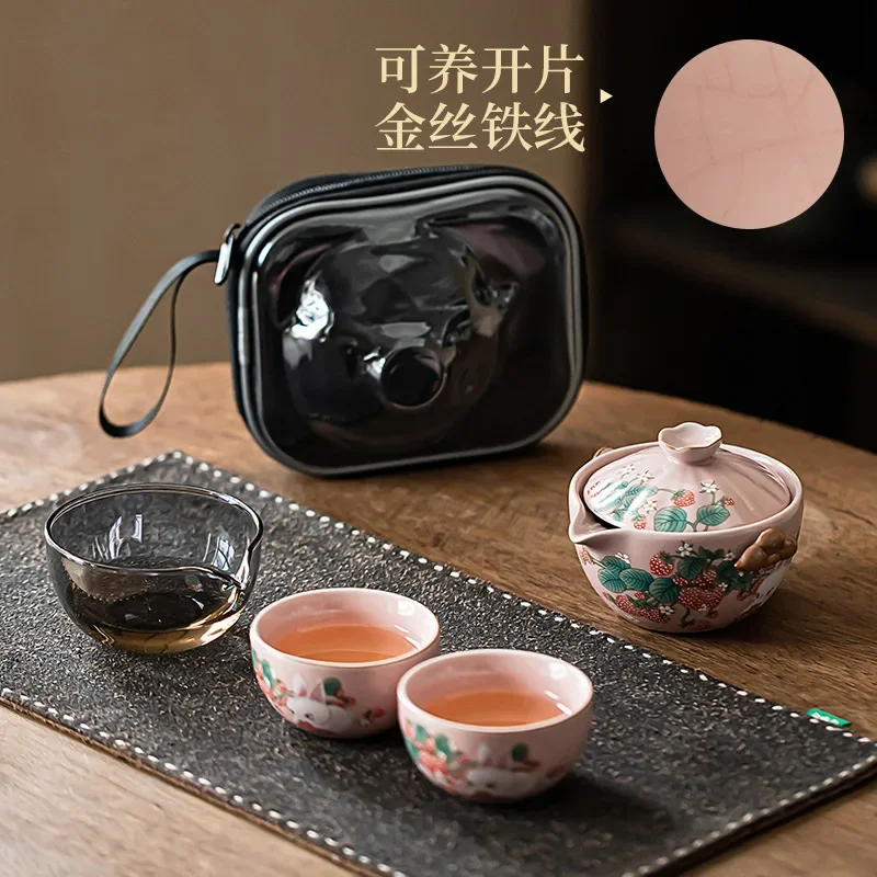 

Japanese Cute Cat Ru Kiln Hand-scratching Pot Strawberry Rabbit Travel TeaSet Portable Outdoor Tea Maker 1 Pot 3 Cups with Gifts