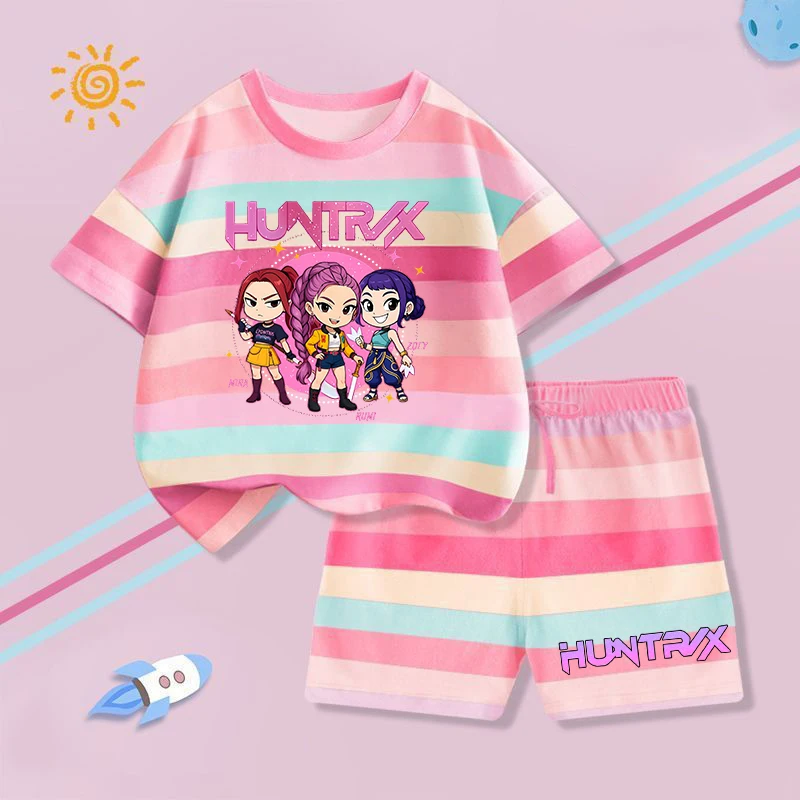 

KPop Demon Hunterss T-shirt Shorts Set Girl Kawaii Anime Figure Short Sleeve Pants Kid Fashion Striped Home Clothing Child Gifts