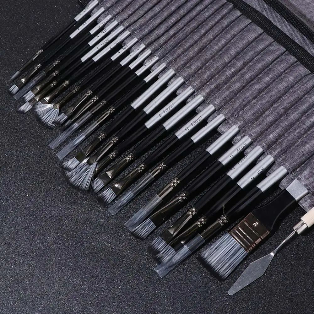 24pcs/set Wooden Handle Nylon Brush Set DIY Art Nylon Hair Paint Brush Set with Scraper Aluminum Tube Oil Painting Brushes