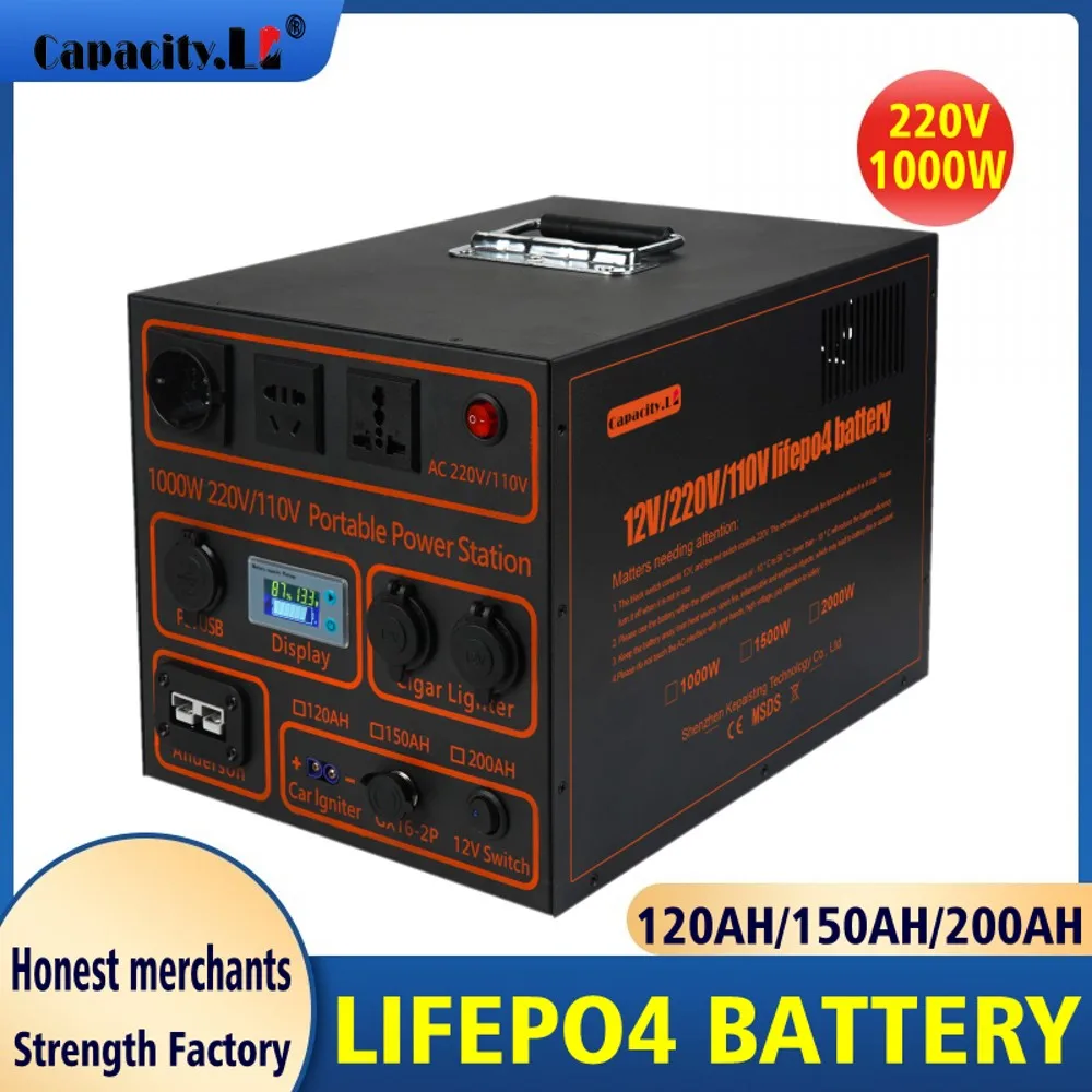 Lifepo4 Battery 120ah 12V To 220v 1000W Power solar inverter portable power station 150AH 200AH RV Solar Outdoor Backup Battery