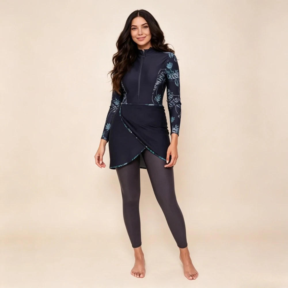 Modest Muslim Burkini Swimsuit for Women 3-Piece Floral Print Long Sleeve Full Coverage Swimwear with Skirt Islamic Bathing Suit
