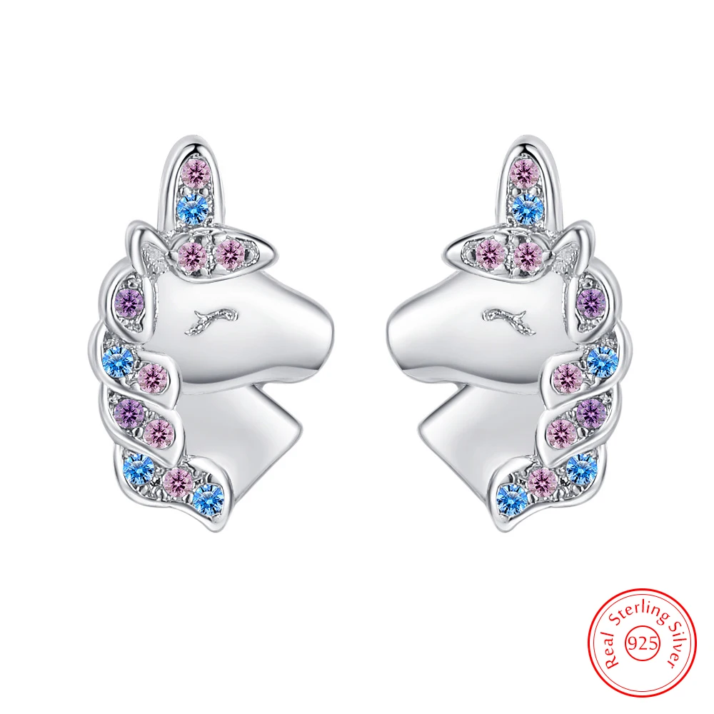 

Fashion New Woman's 925 Sterling Silver Jewelry Crystal Zircon Unicorn Stud Earrings FQL25149